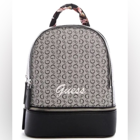 New GUESS Black Gray Logo Print Double Zipper Small Backpack/Handbag - Picture 2 of 7